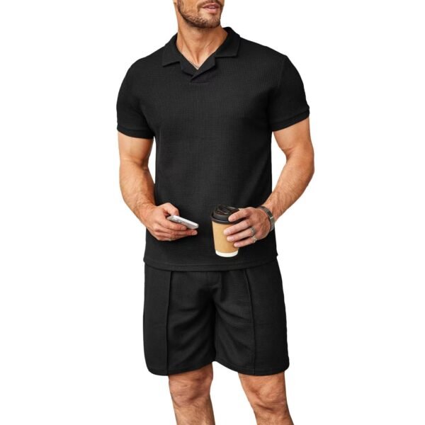 ⁦2pcs Set Men V Neck Polo Shirt Lapel Short Sleeve Men's Suit Waffle Style Casual Fashion T-Shirt Summer⁩ - الصورة ⁦2⁩