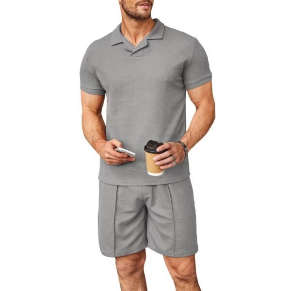 ⁦2pcs Set Men V Neck Polo Shirt Lapel Short Sleeve Men's Suit Waffle Style Casual Fashion T-Shirt Summer⁩ - الصورة ⁦5⁩