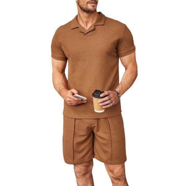 ⁦2pcs Set Men V Neck Polo Shirt Lapel Short Sleeve Men's Suit Waffle Style Casual Fashion T-Shirt Summer⁩ - الصورة ⁦6⁩