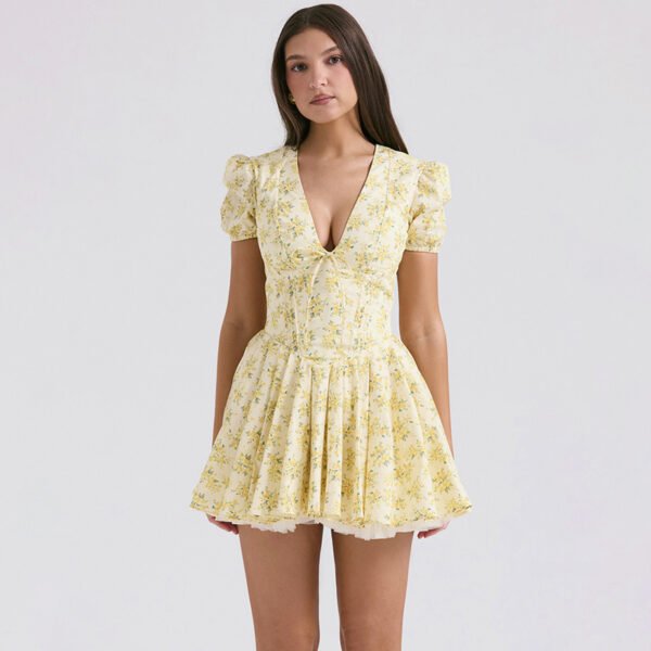 High-end Women's New Sexy Deep V Short Sleeve Floral Dress Sweet And Spicy Temperament Fluffy Holiday Skirt Women - Image 3
