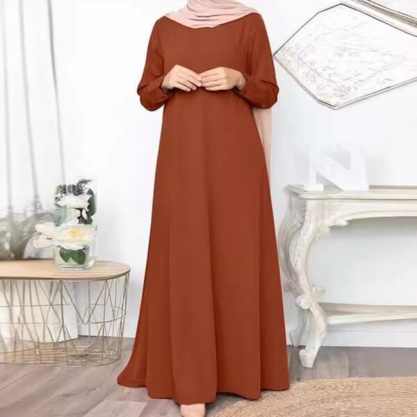 ⁦Middle Eastern Muslim Solid Color Loose Pullover Casual Elegant Long-sleeved Long Dress⁩ - الصورة ⁦4⁩