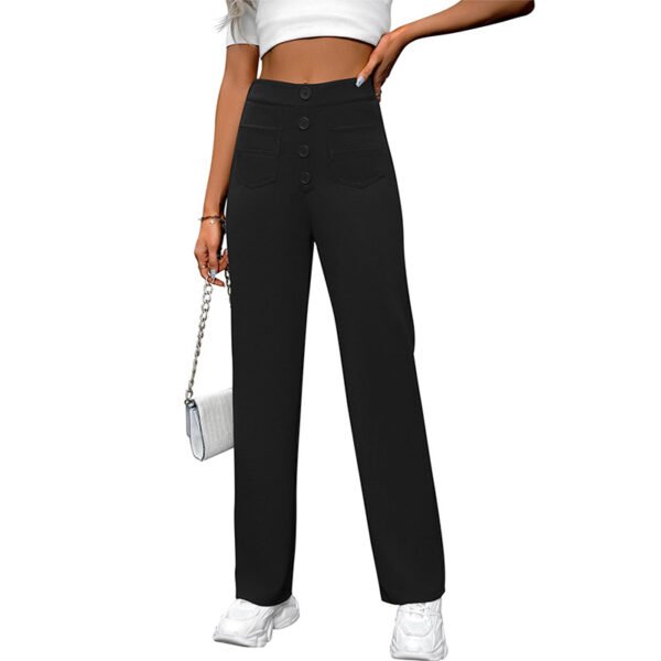⁦Spring And Autumn New Women's High Waist Pocket Wide Leg Button Casual Loose Straight Pants Trousers⁩ - الصورة ⁦2⁩