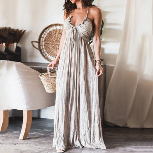 ⁦Summer New Solid Color Sexy Backless U-Collar Strap Back Long Dress⁩ - الصورة ⁦2⁩