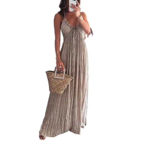 ⁦Summer New Solid Color Sexy Backless U-Collar Strap Back Long Dress⁩ - الصورة ⁦4⁩