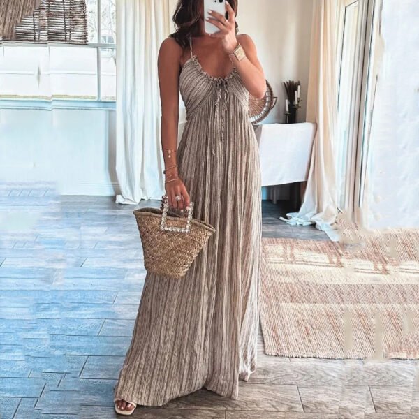 Summer New Solid Color Sexy Backless U-Collar Strap Back Long Dress