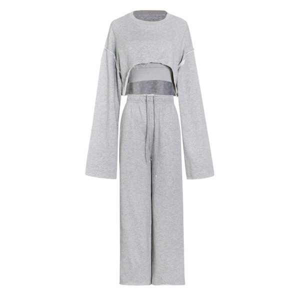 ⁦Casual Sweater Suit Women 2023 Fashion Pullover Long-sleeved Navel Sweater + Suspenders Straight-leg Wide-leg Pants Three-piece Set⁩ - الصورة ⁦5⁩