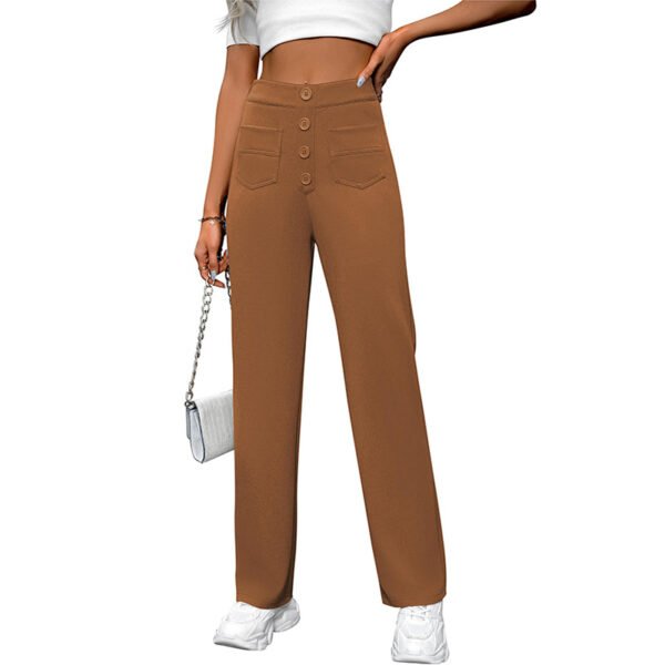 ⁦Spring And Autumn New Women's High Waist Pocket Wide Leg Button Casual Loose Straight Pants Trousers⁩ - الصورة ⁦3⁩