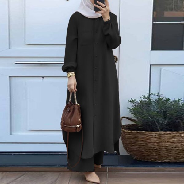 ⁦Muslim Women's Arabic Style Spring Autumn Casual Dress Set Mushroom Button Fashionable Long Skirt Polyester Viscose Blend⁩ - الصورة ⁦4⁩