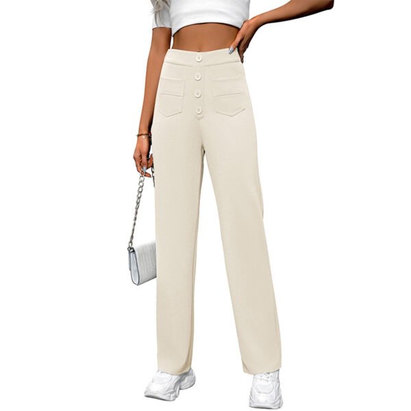 ⁦Spring And Autumn New Women's High Waist Pocket Wide Leg Button Casual Loose Straight Pants Trousers⁩ - الصورة ⁦4⁩