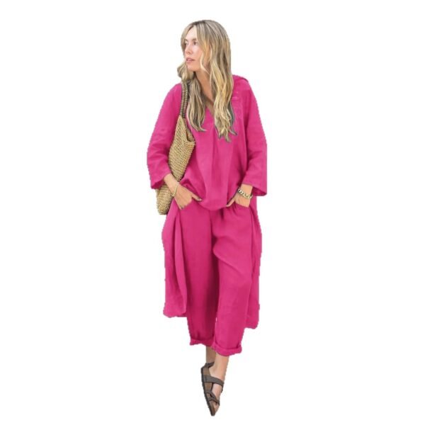 ⁦Women's 2-piece Set Plus Size Cotton And Linen Shirt Suit High Waist Loose Trousers⁩ - الصورة ⁦5⁩