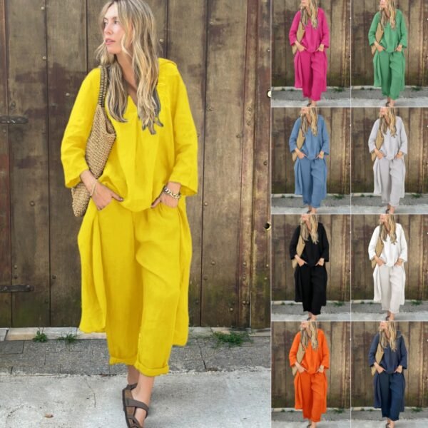 Women's 2-piece Set Plus Size Cotton And Linen Shirt Suit High Waist Loose Trousers
