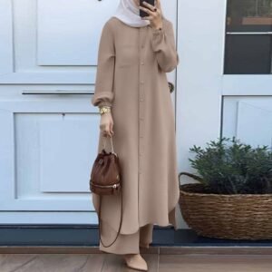 Muslim Women's Arabic Style Spring Autumn Casual Dress Set Mushroom Button Fashionable Long Skirt Polyester Viscose Blend