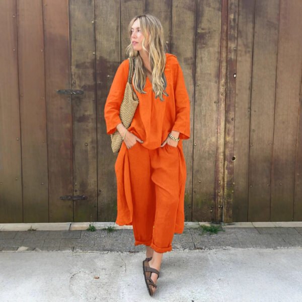 ⁦Women's 2-piece Set Plus Size Cotton And Linen Shirt Suit High Waist Loose Trousers⁩ - الصورة ⁦2⁩