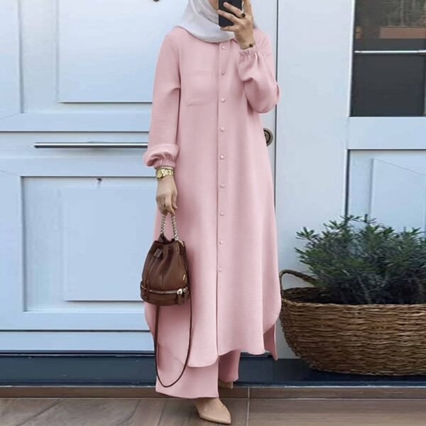 ⁦Muslim Women's Arabic Style Spring Autumn Casual Dress Set Mushroom Button Fashionable Long Skirt Polyester Viscose Blend⁩ - الصورة ⁦3⁩