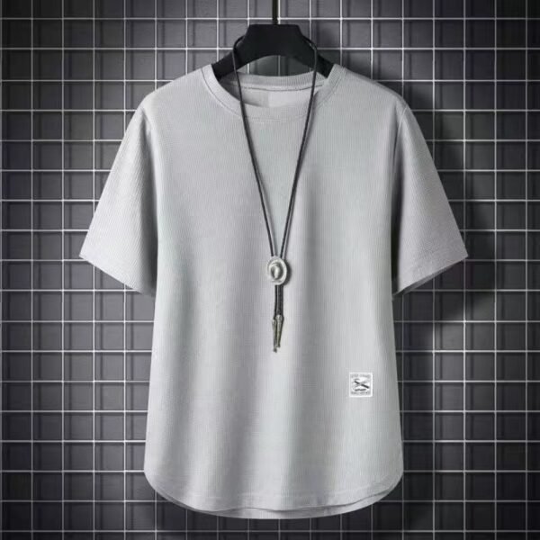 ⁦Batch Of Waffled Short-sleeved T-shirt Men's Summer Loose Plus Size Crewneck Breathable Solid Color Base Shirt Half-sleeved Top⁩ - الصورة ⁦4⁩