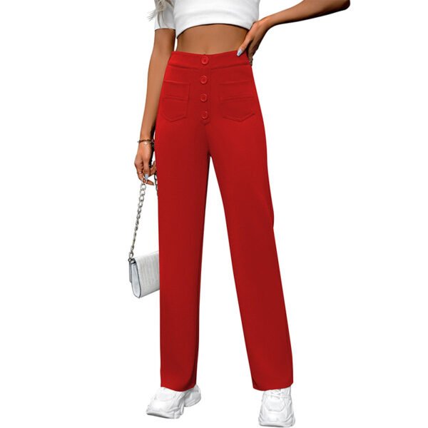 ⁦Spring And Autumn New Women's High Waist Pocket Wide Leg Button Casual Loose Straight Pants Trousers⁩ - الصورة ⁦5⁩
