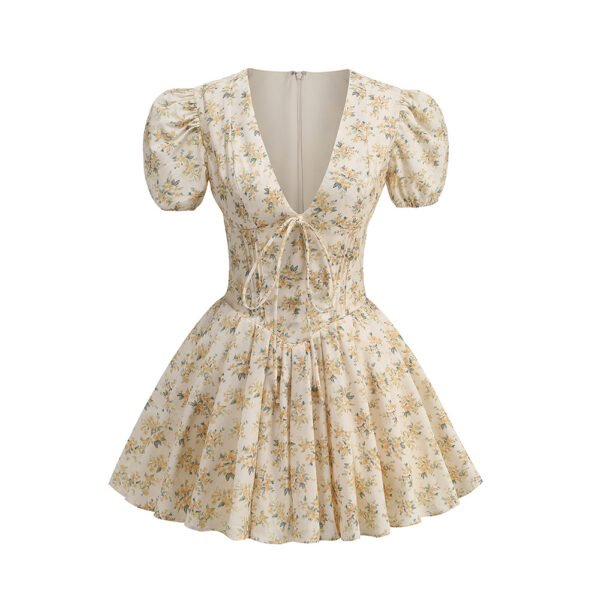 High-end Women's New Sexy Deep V Short Sleeve Floral Dress Sweet And Spicy Temperament Fluffy Holiday Skirt Women - Image 4