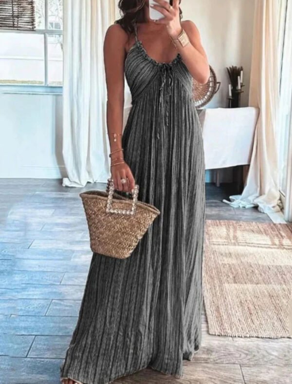 ⁦Summer New Solid Color Sexy Backless U-Collar Strap Back Long Dress⁩ - الصورة ⁦3⁩