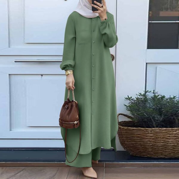 ⁦Muslim Women's Arabic Style Spring Autumn Casual Dress Set Mushroom Button Fashionable Long Skirt Polyester Viscose Blend⁩ - الصورة ⁦2⁩