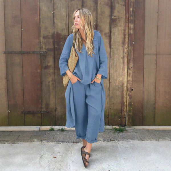 ⁦Women's 2-piece Set Plus Size Cotton And Linen Shirt Suit High Waist Loose Trousers⁩ - الصورة ⁦4⁩