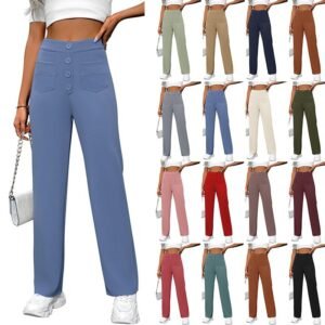 Spring And Autumn New Women's High Waist Pocket Wide Leg Button Casual Loose Straight Pants Trousers