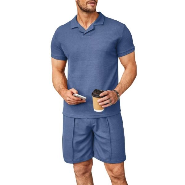 ⁦2pcs Set Men V Neck Polo Shirt Lapel Short Sleeve Men's Suit Waffle Style Casual Fashion T-Shirt Summer⁩ - الصورة ⁦7⁩