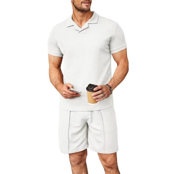 ⁦2pcs Set Men V Neck Polo Shirt Lapel Short Sleeve Men's Suit Waffle Style Casual Fashion T-Shirt Summer⁩ - الصورة ⁦3⁩