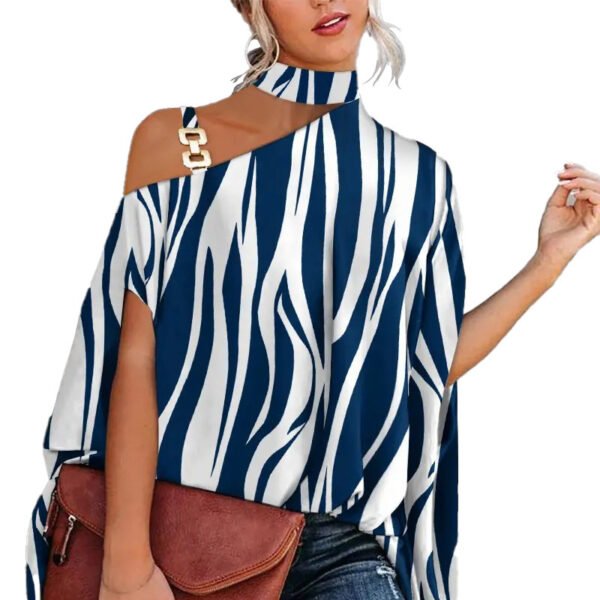 ⁦Wear Halter Shawl Printed Elegant Short Sleeve Bat Shirt⁩ - الصورة ⁦6⁩