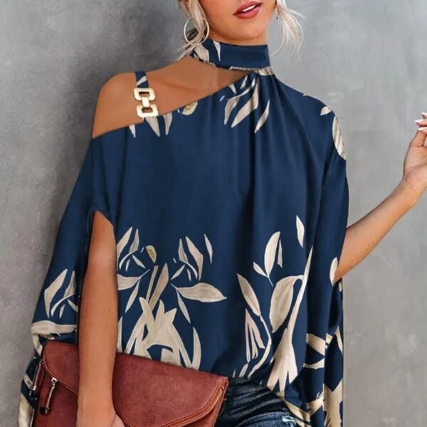 ⁦Wear Halter Shawl Printed Elegant Short Sleeve Bat Shirt⁩ - الصورة ⁦8⁩