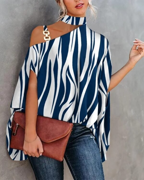 ⁦Wear Halter Shawl Printed Elegant Short Sleeve Bat Shirt⁩ - الصورة ⁦5⁩