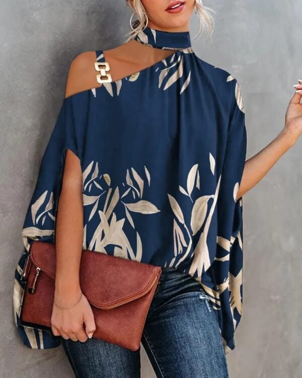⁦Wear Halter Shawl Printed Elegant Short Sleeve Bat Shirt⁩ - الصورة ⁦4⁩