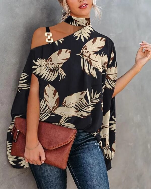 ⁦Wear Halter Shawl Printed Elegant Short Sleeve Bat Shirt⁩ - الصورة ⁦7⁩
