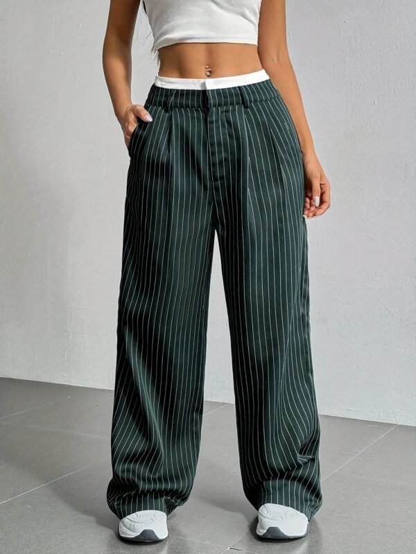 ⁦Stripe Printed Trousers Fashion High Waist Straight Leg Pants With Pocket Zipper Casual Suit Pants For Women⁩ - الصورة ⁦7⁩