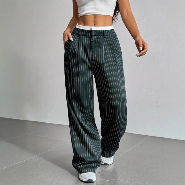 ⁦Stripe Printed Trousers Fashion High Waist Straight Leg Pants With Pocket Zipper Casual Suit Pants For Women⁩ - الصورة ⁦4⁩