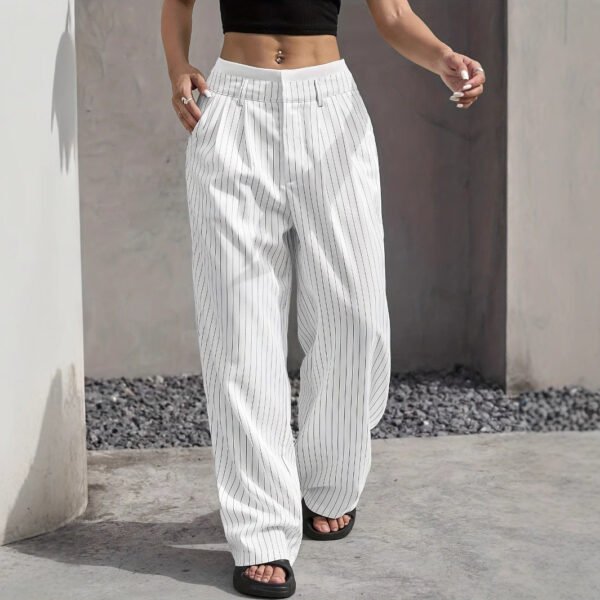 ⁦Stripe Printed Trousers Fashion High Waist Straight Leg Pants With Pocket Zipper Casual Suit Pants For Women⁩ - الصورة ⁦8⁩