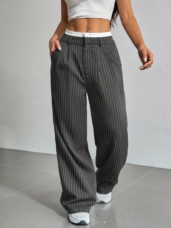 ⁦Stripe Printed Trousers Fashion High Waist Straight Leg Pants With Pocket Zipper Casual Suit Pants For Women⁩ - الصورة ⁦3⁩