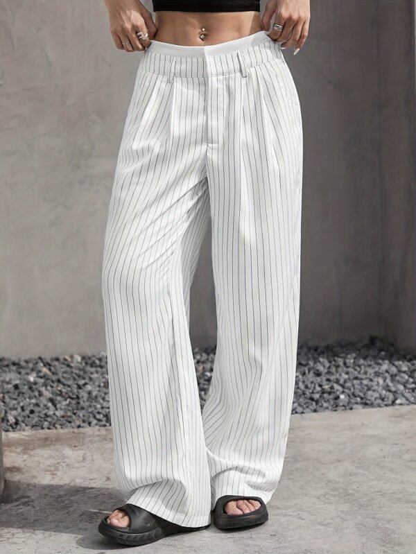 ⁦Stripe Printed Trousers Fashion High Waist Straight Leg Pants With Pocket Zipper Casual Suit Pants For Women⁩ - الصورة ⁦5⁩