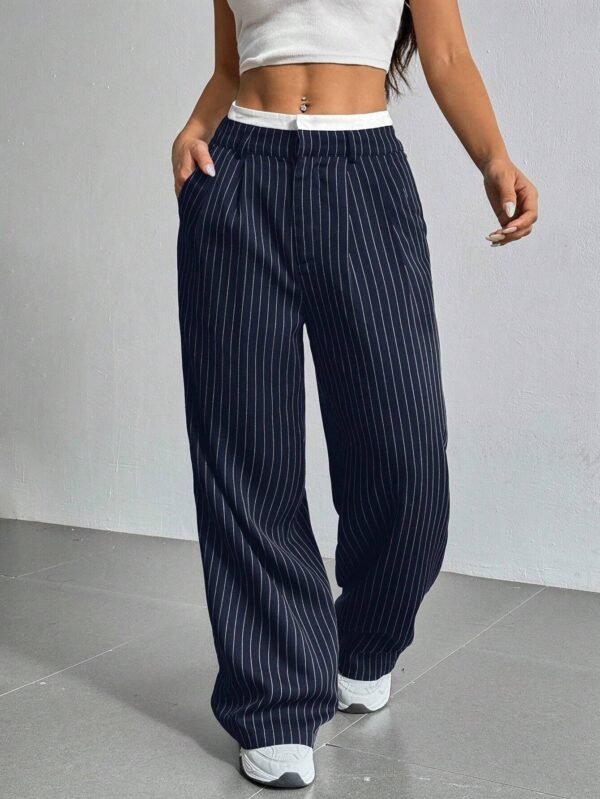 ⁦Stripe Printed Trousers Fashion High Waist Straight Leg Pants With Pocket Zipper Casual Suit Pants For Women⁩ - الصورة ⁦9⁩