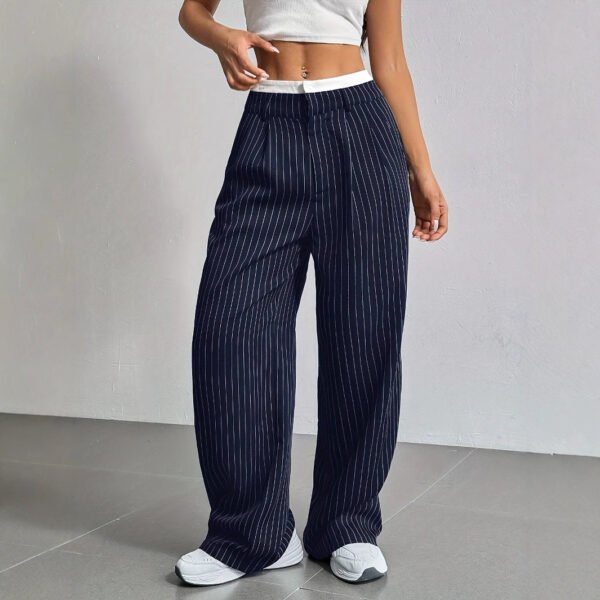 ⁦Stripe Printed Trousers Fashion High Waist Straight Leg Pants With Pocket Zipper Casual Suit Pants For Women⁩ - الصورة ⁦2⁩