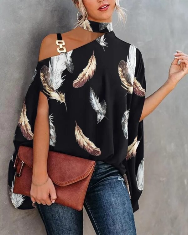 ⁦Wear Halter Shawl Printed Elegant Short Sleeve Bat Shirt⁩ - الصورة ⁦10⁩
