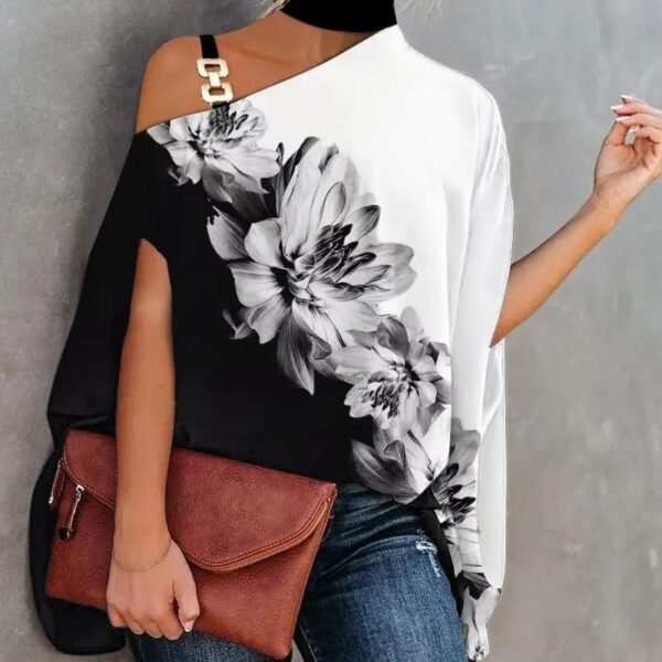 ⁦Wear Halter Shawl Printed Elegant Short Sleeve Bat Shirt⁩ - الصورة ⁦9⁩