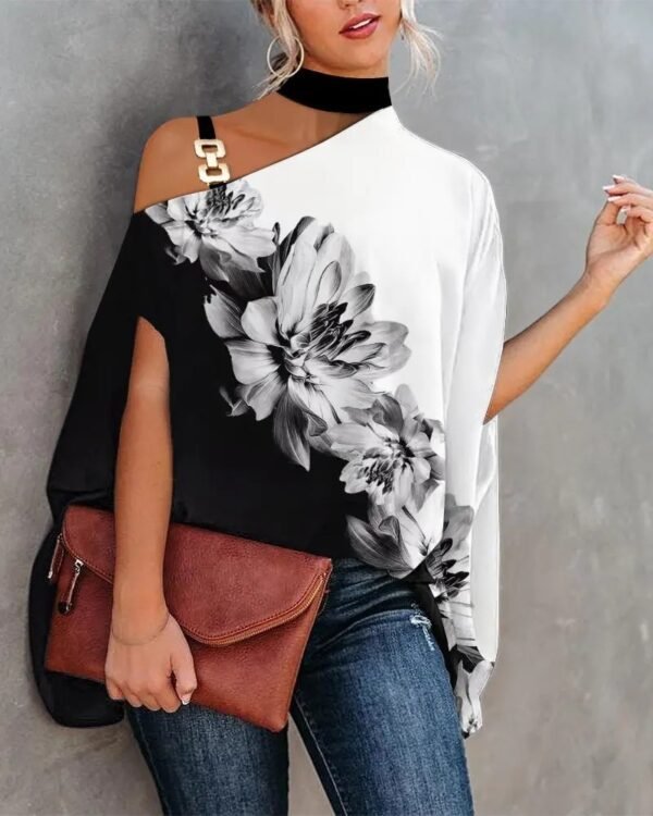 ⁦Wear Halter Shawl Printed Elegant Short Sleeve Bat Shirt⁩ - الصورة ⁦2⁩