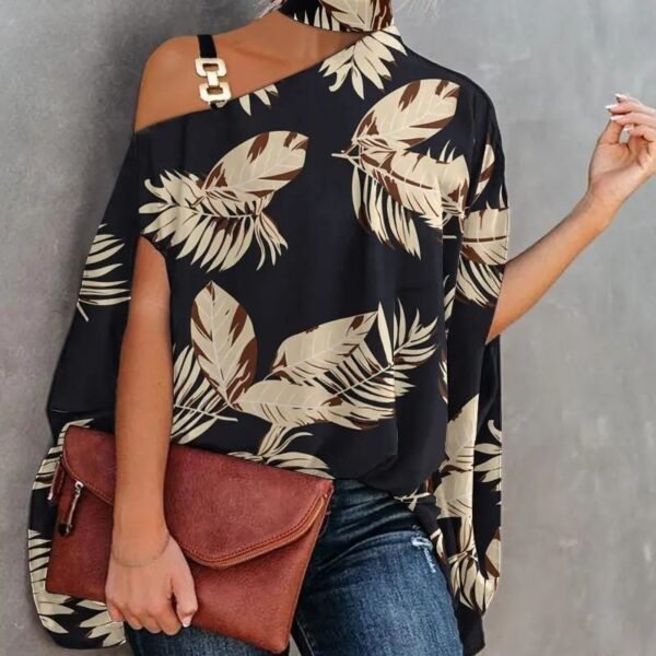 ⁦Wear Halter Shawl Printed Elegant Short Sleeve Bat Shirt⁩ - الصورة ⁦3⁩